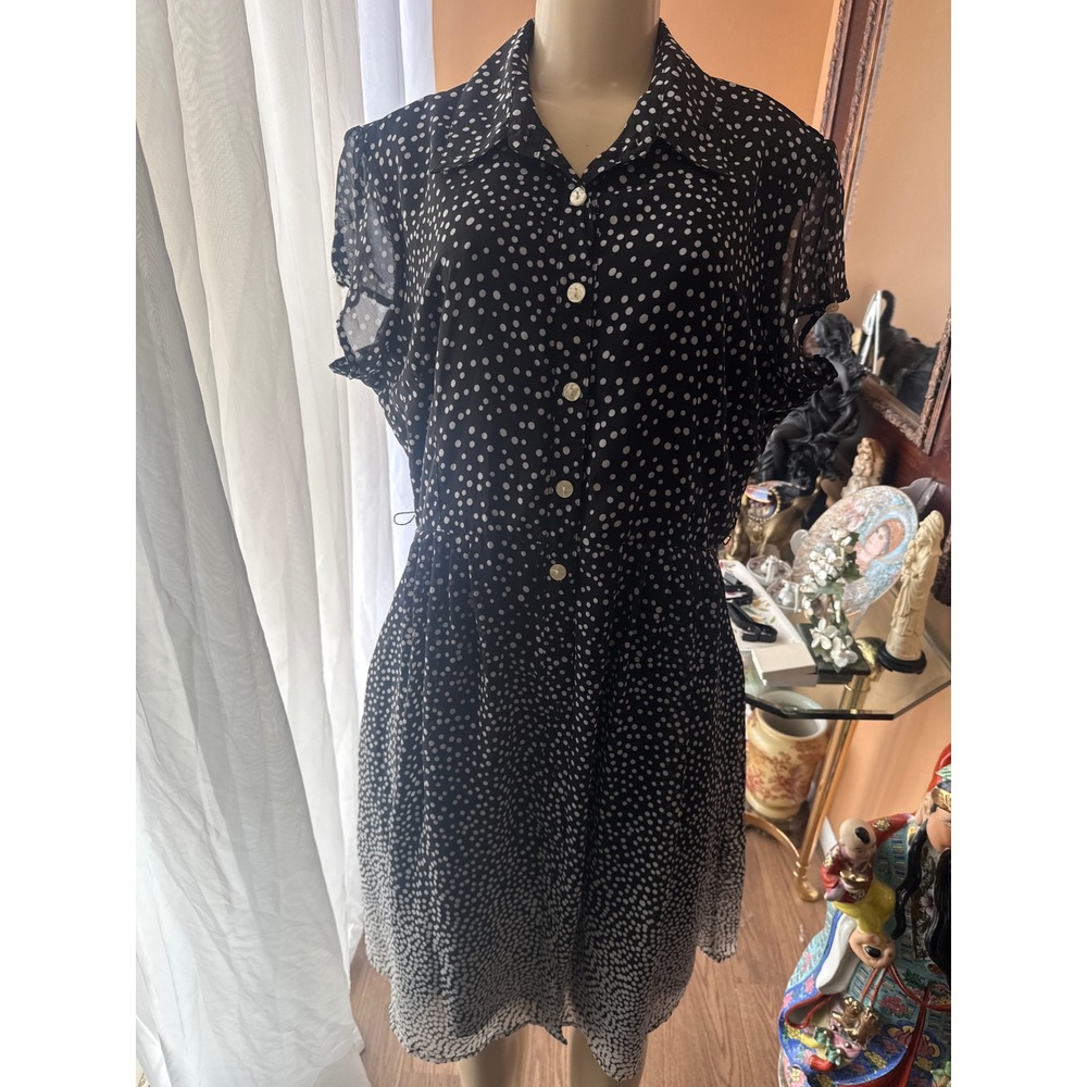 Voir Voir Polka Dot Shirt Dress Black White Button Front Short Sleeve Size 16